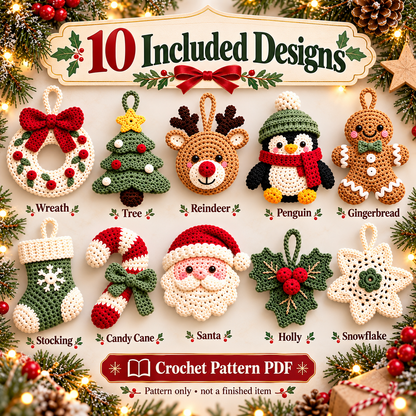 10-in-1 Christmas Crochet Ornament Pattern Bundle PDF | Santa, Reindeer, Penguin, Tree & Holiday Decorations | Digital Download