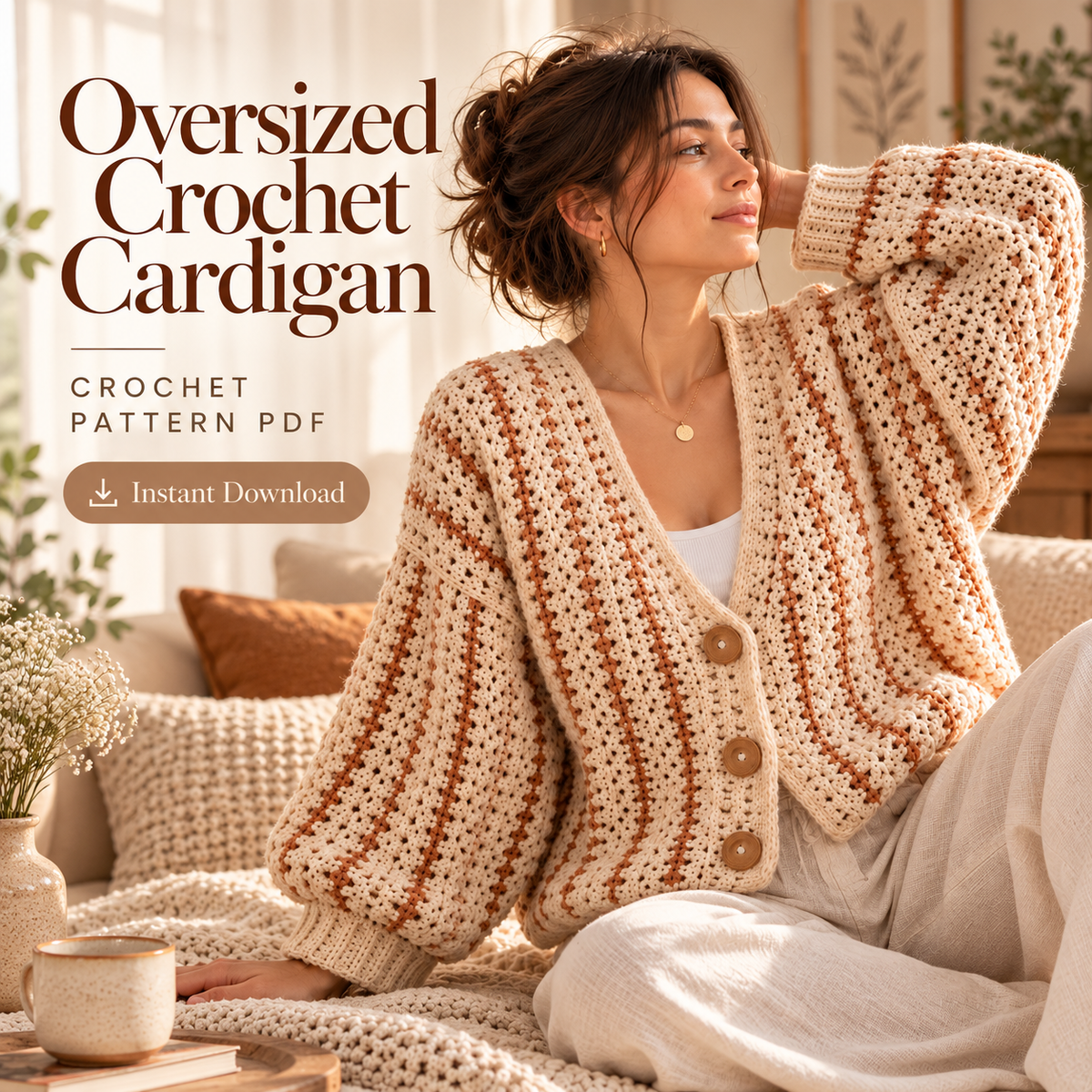 Oversized Crochet Cardigan Pattern PDF | Striped V-Neck Sweater | Cozy Balloon Sleeve Cardigan