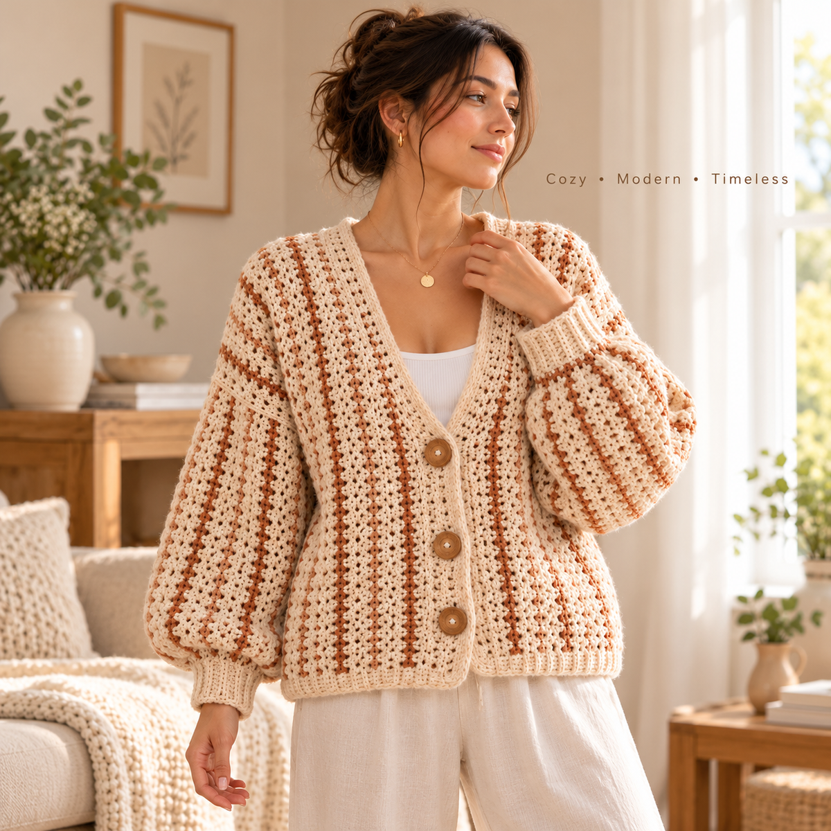 Oversized Crochet Cardigan Pattern PDF | Striped V-Neck Sweater | Cozy Balloon Sleeve Cardigan