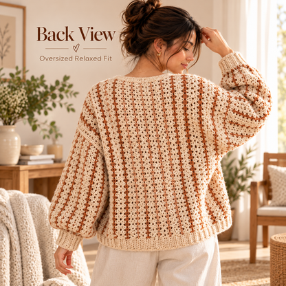 Oversized Crochet Cardigan Pattern PDF | Striped V-Neck Sweater | Cozy Balloon Sleeve Cardigan