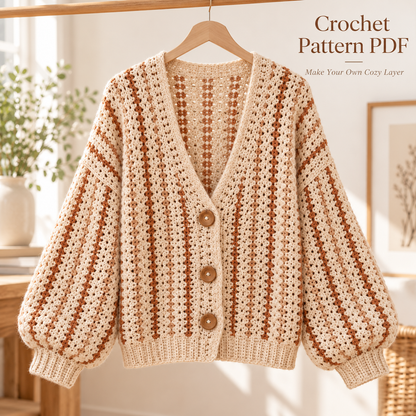 Oversized Crochet Cardigan Pattern PDF | Striped V-Neck Sweater | Cozy Balloon Sleeve Cardigan