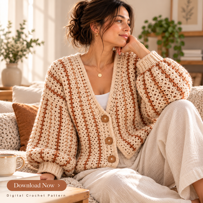 Oversized Crochet Cardigan Pattern PDF | Striped V-Neck Sweater | Cozy Balloon Sleeve Cardigan