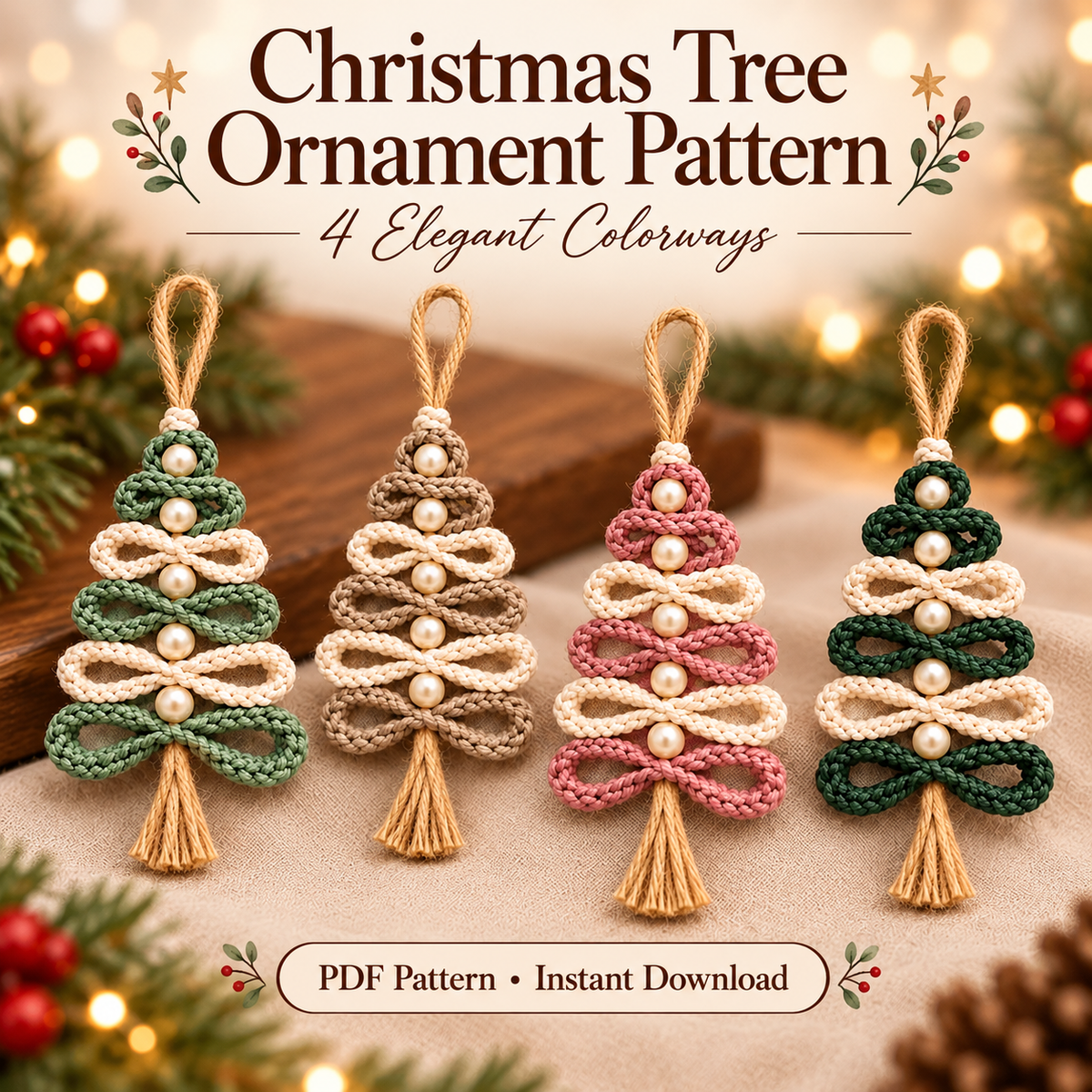 Crochet Christmas Tree Ornament Pattern PDF | 4 Loop Tree Designs | Pearl & Tassel Ornament Digital Download