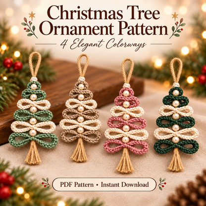 Crochet Christmas Tree Ornament Pattern PDF | 4 Loop Tree Designs | Pearl & Tassel Ornament Digital Download