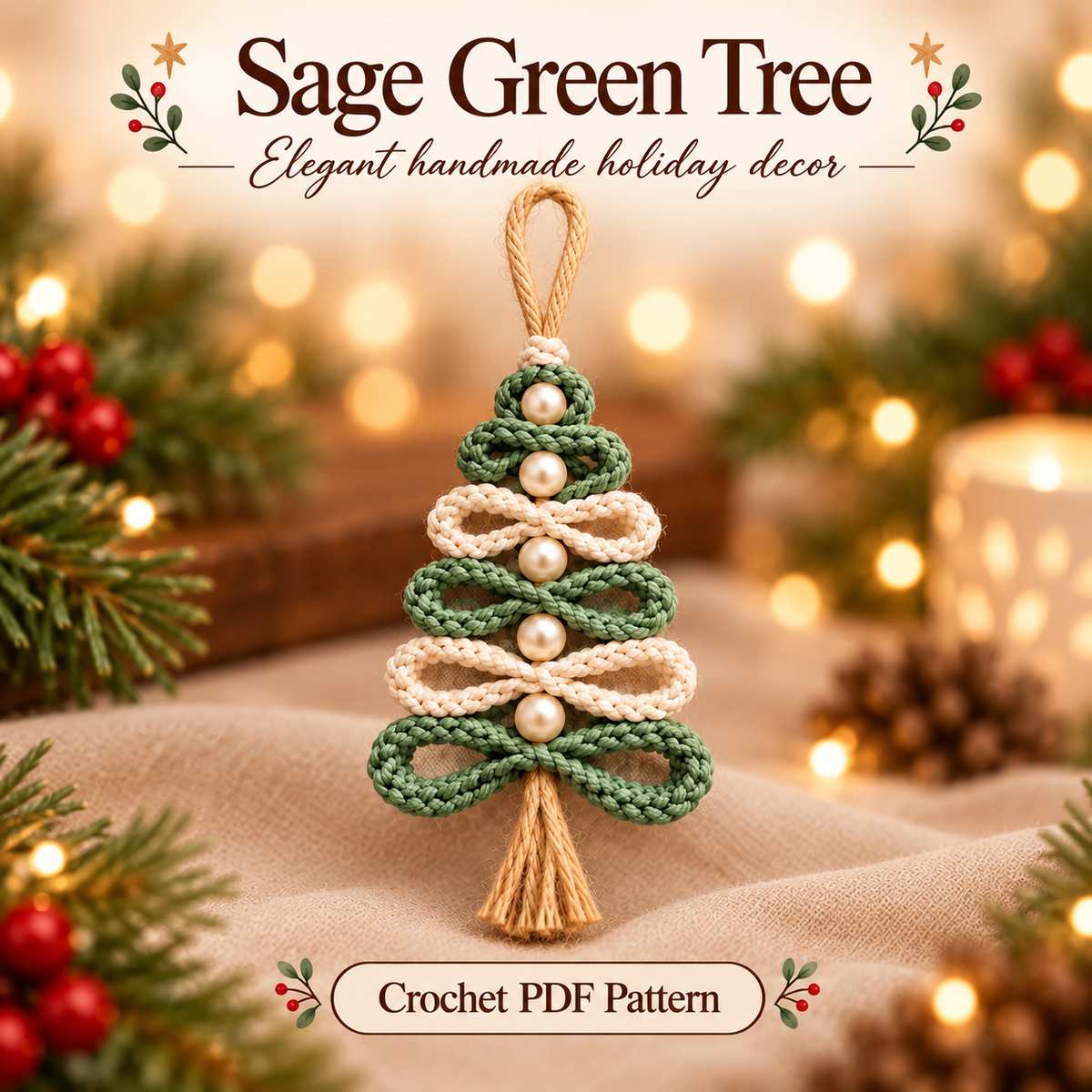 Crochet Christmas Tree Ornament Pattern PDF | 4 Loop Tree Designs | Pearl & Tassel Ornament Digital Download