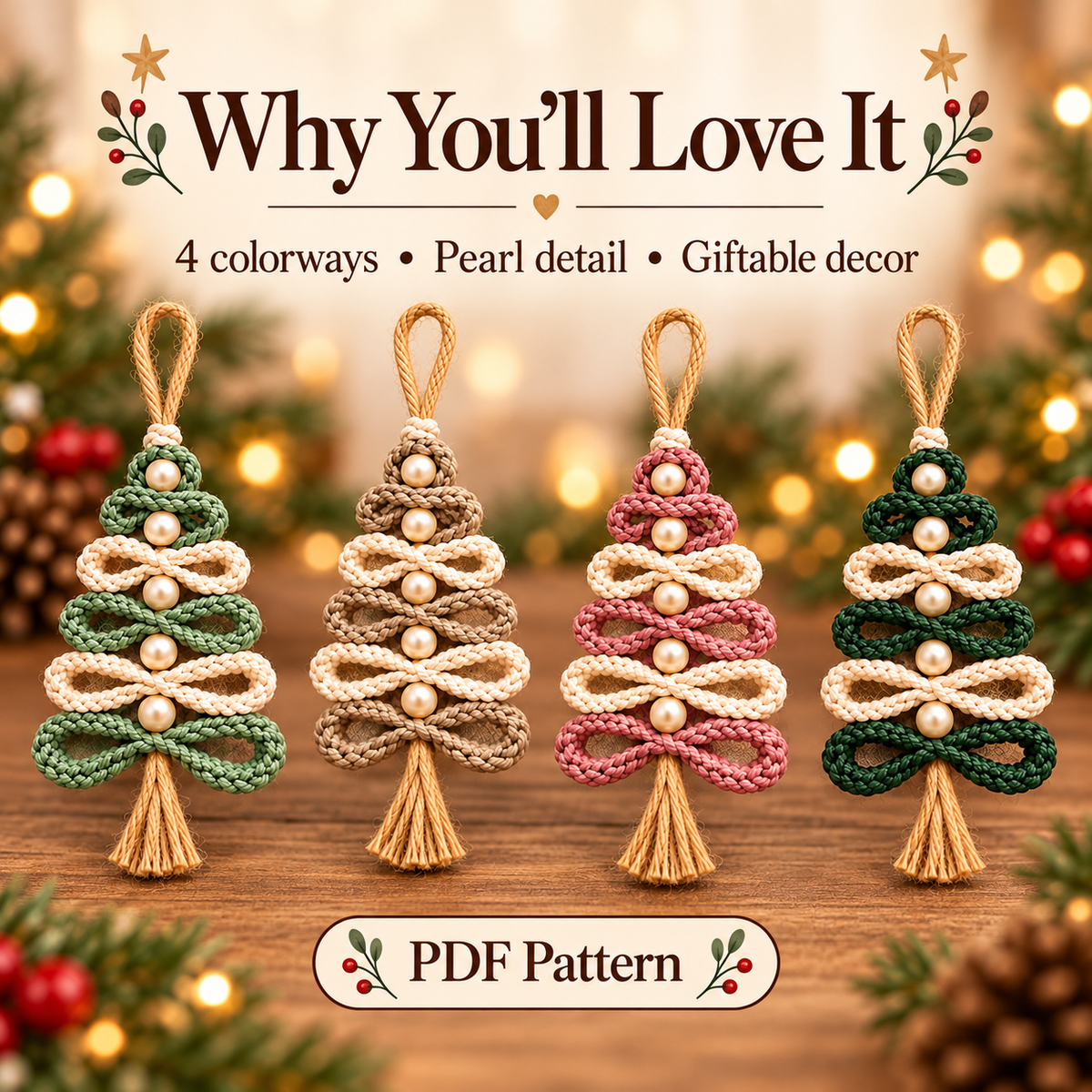 Crochet Christmas Tree Ornament Pattern PDF | 4 Loop Tree Designs | Pearl & Tassel Ornament Digital Download