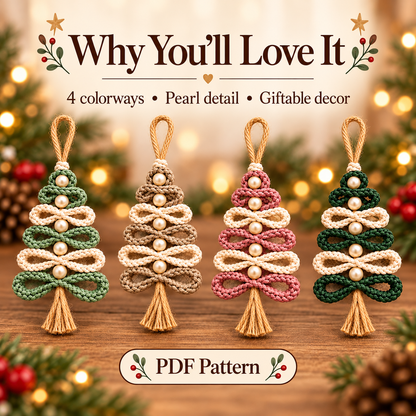 Crochet Christmas Tree Ornament Pattern PDF | 4 Loop Tree Designs | Pearl & Tassel Ornament Digital Download