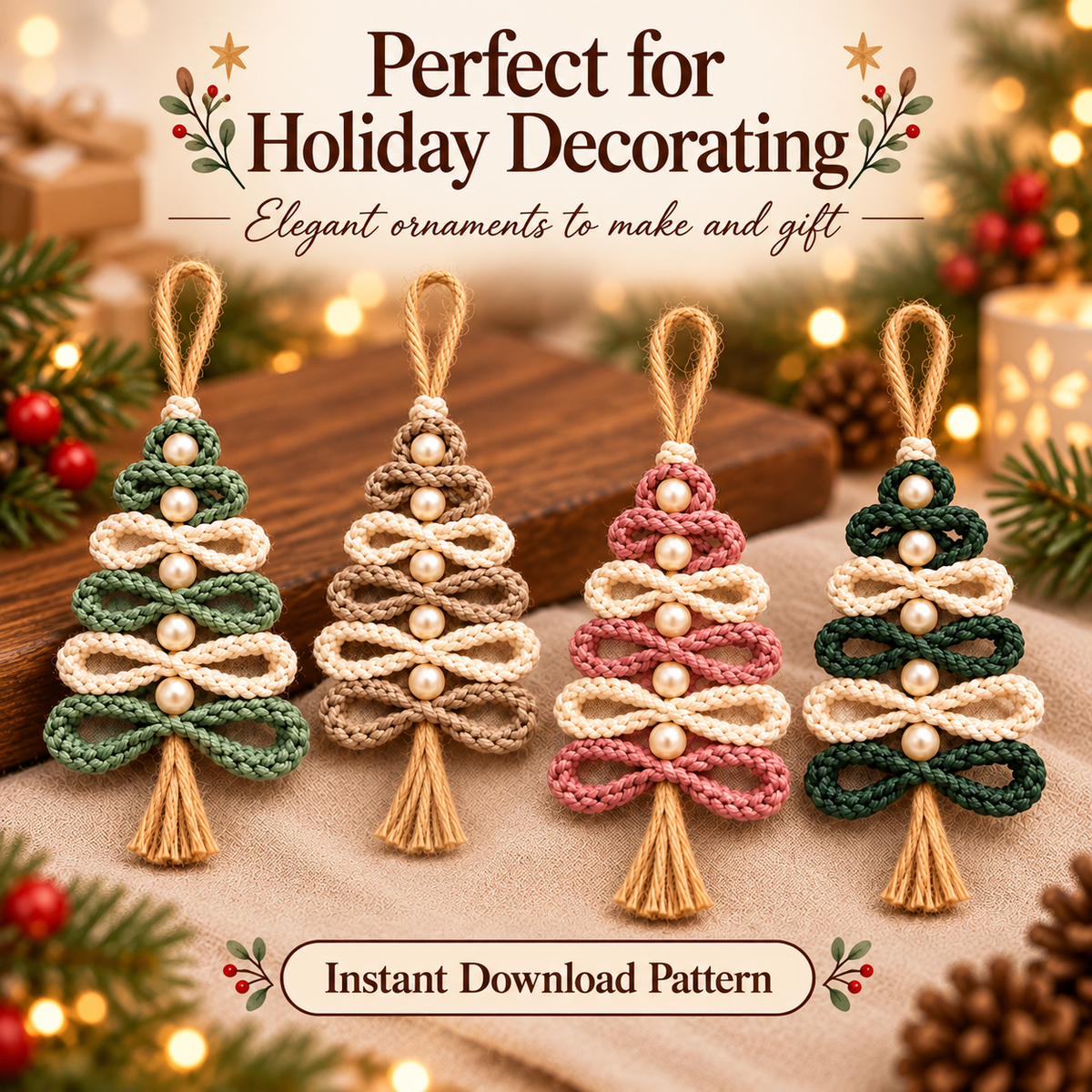 Crochet Christmas Tree Ornament Pattern PDF | 4 Loop Tree Designs | Pearl & Tassel Ornament Digital Download