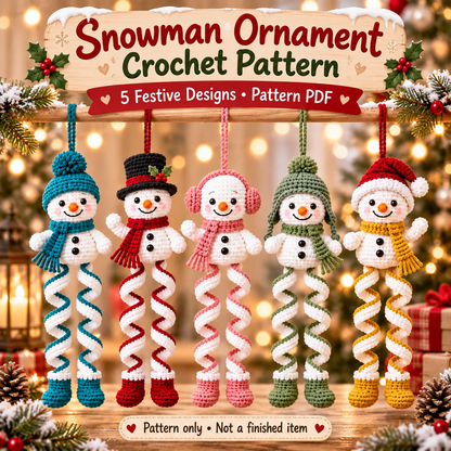 5-in-1 Snowman Crochet Ornament Pattern PDF | Christmas Spiral Hanging Decorations | Amigurumi Snowmen | Holiday Digital Download