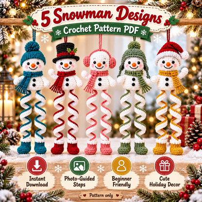 5-in-1 Snowman Crochet Ornament Pattern PDF | Christmas Spiral Hanging Decorations | Amigurumi Snowmen | Holiday Digital Download