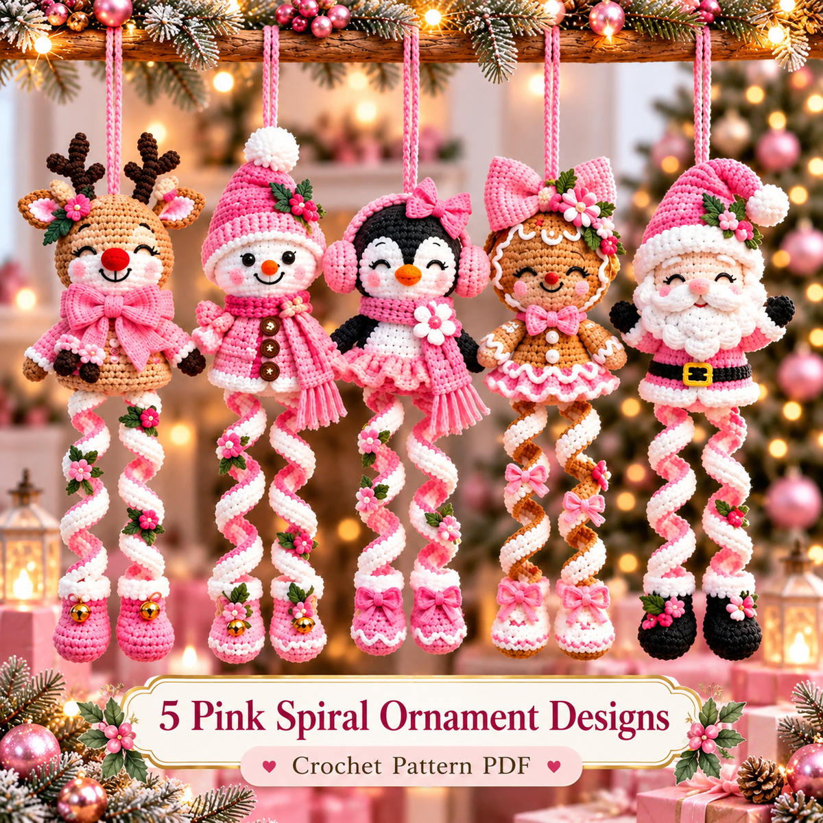 5-in-1 Christmas Spiral Ornament Crochet Pattern PDF | Pink Holiday Hanging Decor