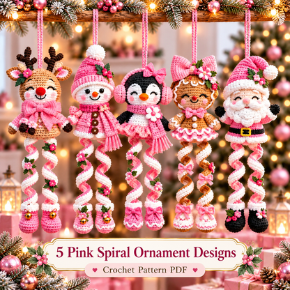 5-in-1 Christmas Spiral Ornament Crochet Pattern PDF | Pink Holiday Hanging Decor