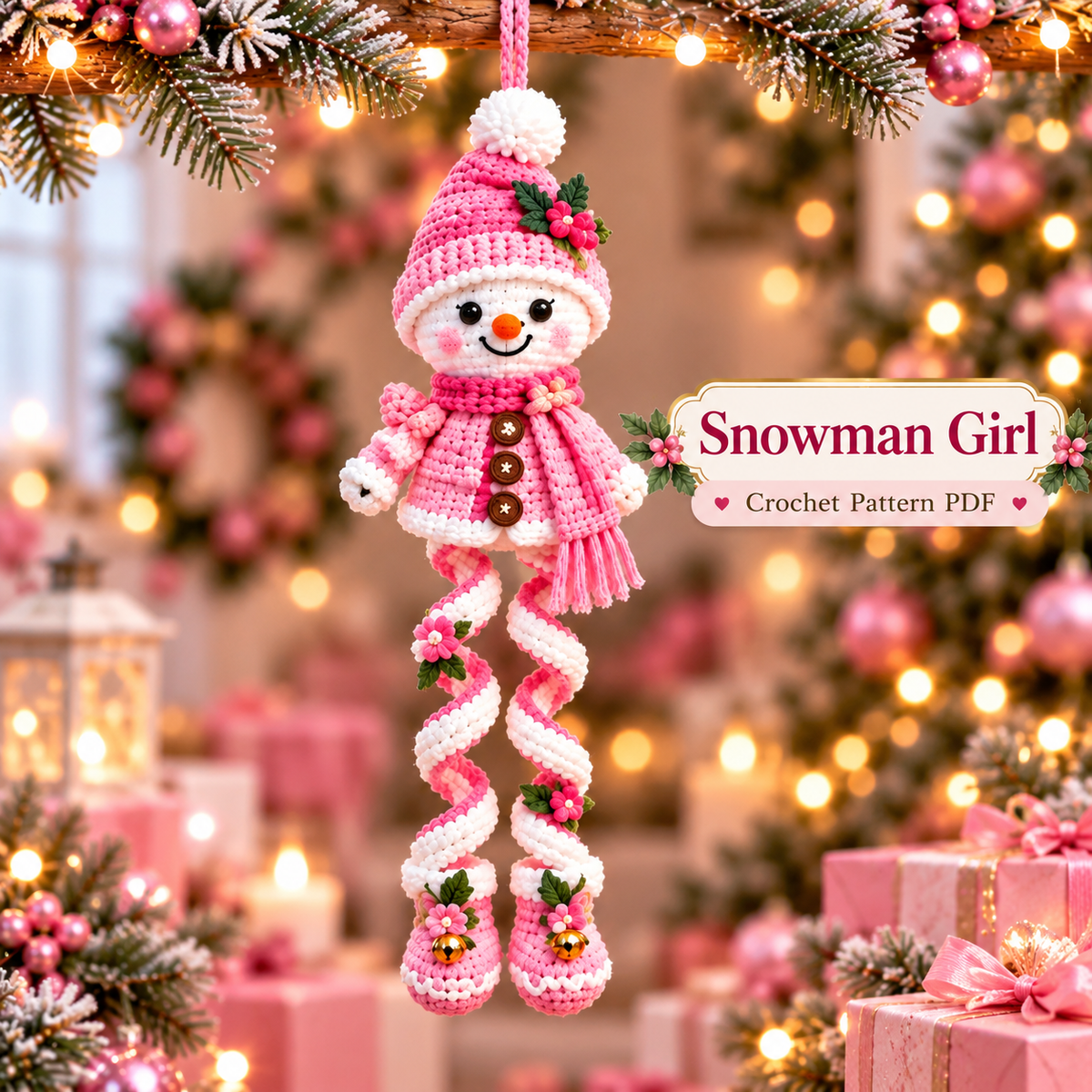 5-in-1 Christmas Spiral Ornament Crochet Pattern PDF | Pink Holiday Hanging Decor