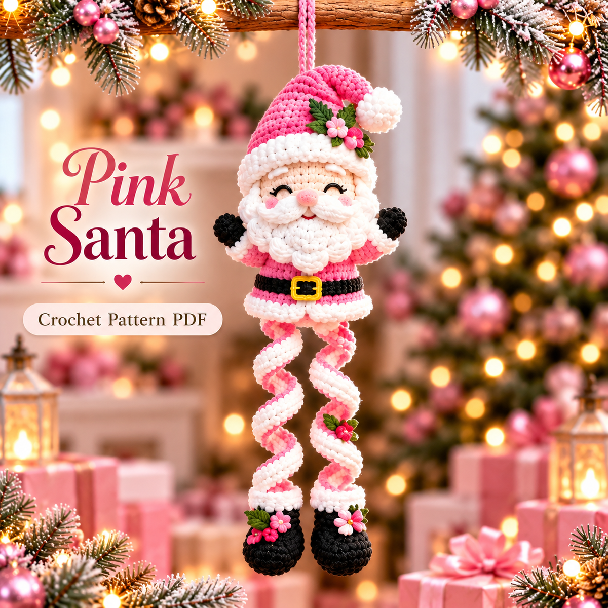 5-in-1 Christmas Spiral Ornament Crochet Pattern PDF | Pink Holiday Hanging Decor