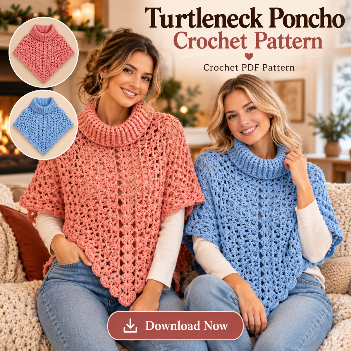 Turtleneck Poncho Crochet Pattern PDF | Women’s Lace Poncho | Cozy Crochet Capelet Digital Download