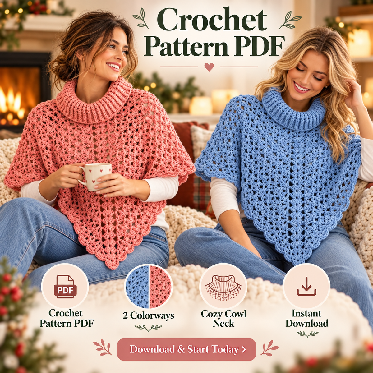 Turtleneck Poncho Crochet Pattern PDF | Women’s Lace Poncho | Cozy Crochet Capelet Digital Download