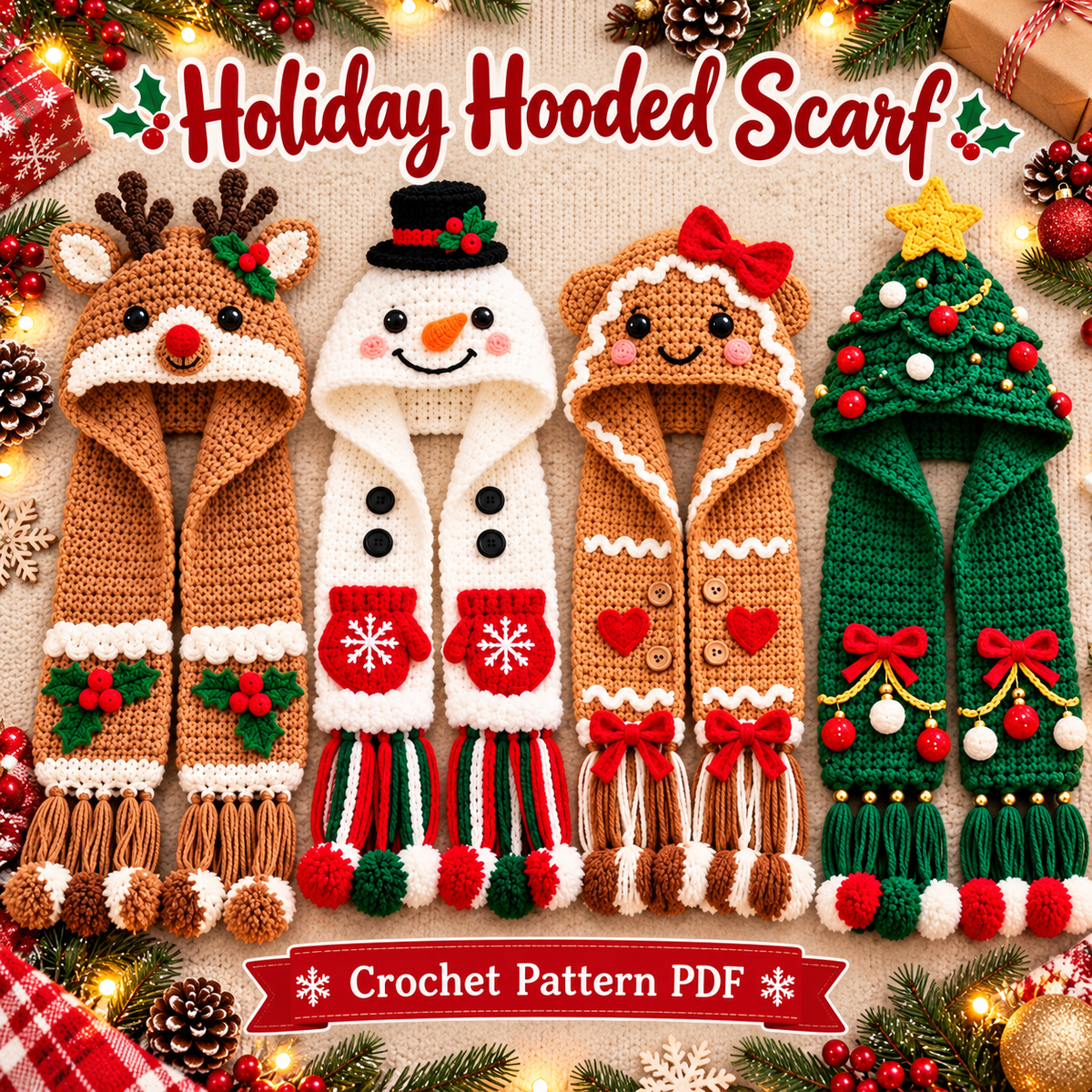 4-in-1 Christmas Hooded Scarf Crochet Pattern PDF | Reindeer Snowman Gingerbread Tree Scarf