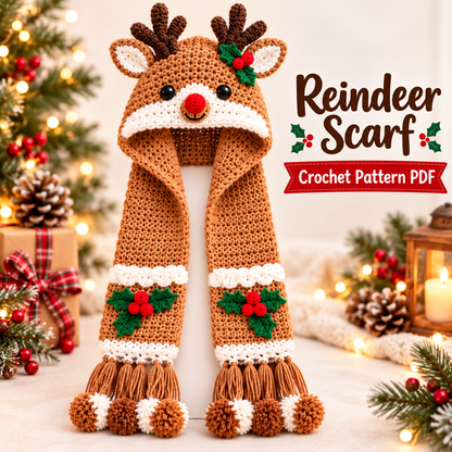 4-in-1 Christmas Hooded Scarf Crochet Pattern PDF | Reindeer Snowman Gingerbread Tree Scarf