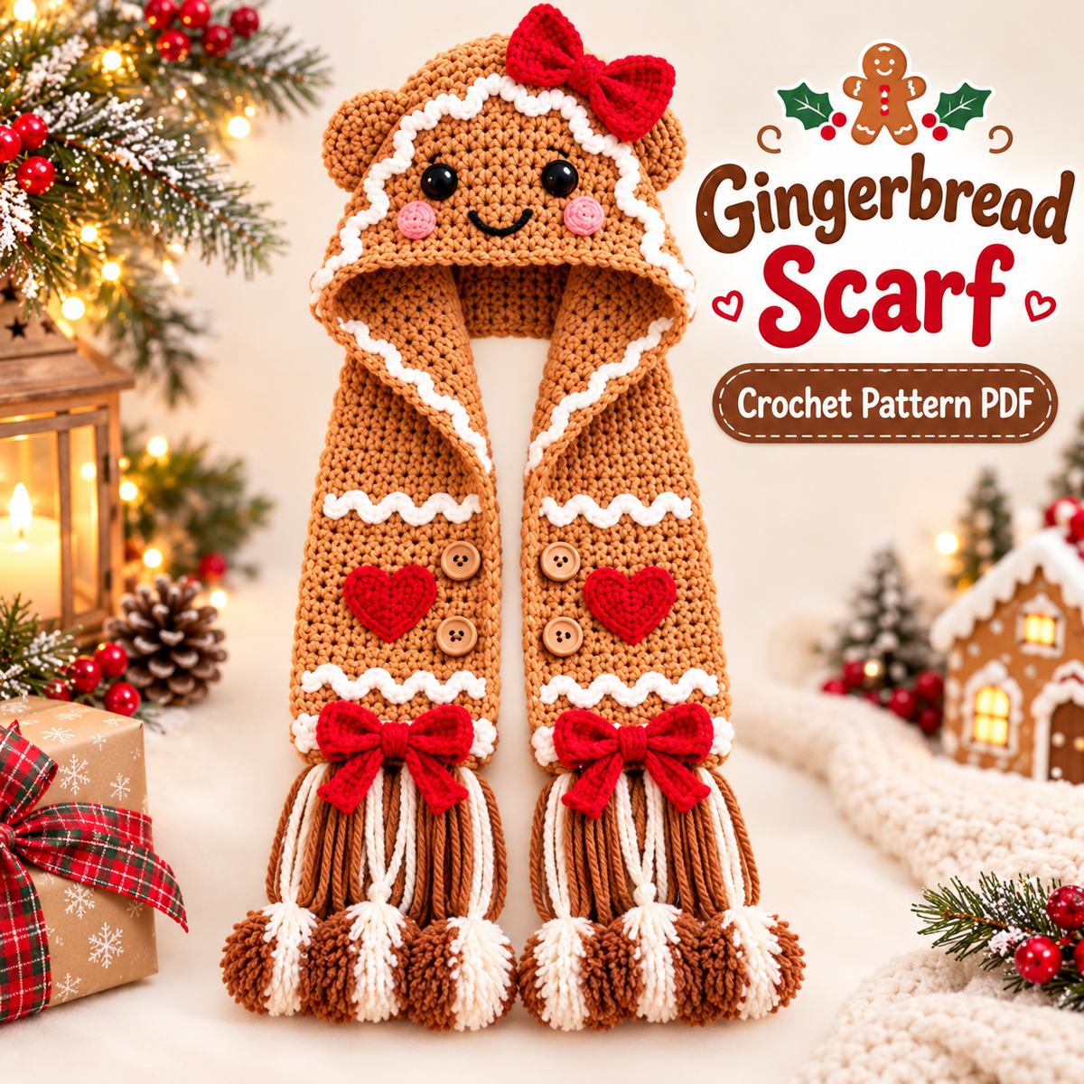 4-in-1 Christmas Hooded Scarf Crochet Pattern PDF | Reindeer Snowman Gingerbread Tree Scarf