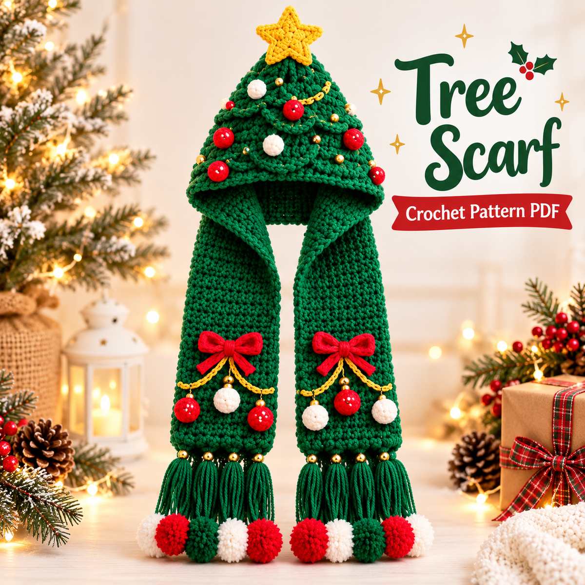 4-in-1 Christmas Hooded Scarf Crochet Pattern PDF | Reindeer Snowman Gingerbread Tree Scarf