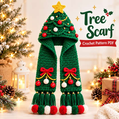 4-in-1 Christmas Hooded Scarf Crochet Pattern PDF | Reindeer Snowman Gingerbread Tree Scarf
