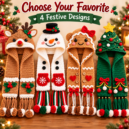 4-in-1 Christmas Hooded Scarf Crochet Pattern PDF | Reindeer Snowman Gingerbread Tree Scarf