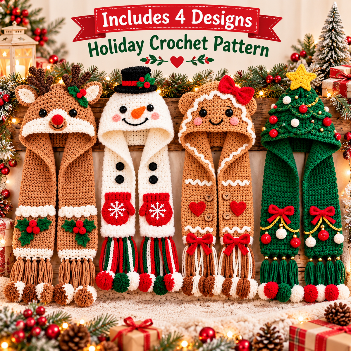 4-in-1 Christmas Hooded Scarf Crochet Pattern PDF | Reindeer Snowman Gingerbread Tree Scarf