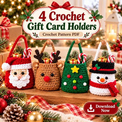 4-in-1 Christmas Crochet Treat Bag Pattern PDF | Santa Reindeer Tree Snowman Candy Bags