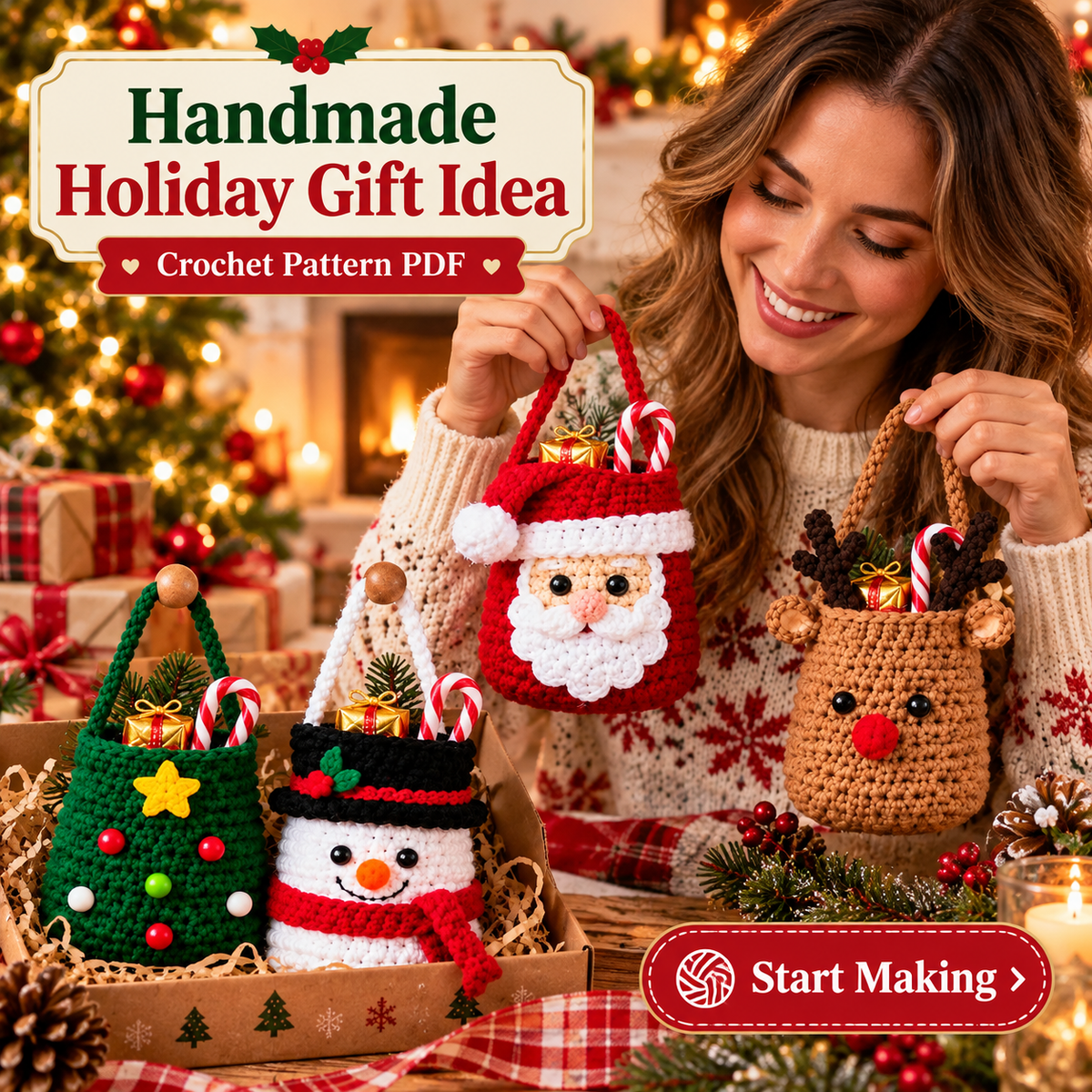 4-in-1 Christmas Crochet Treat Bag Pattern PDF | Santa Reindeer Tree Snowman Candy Bags