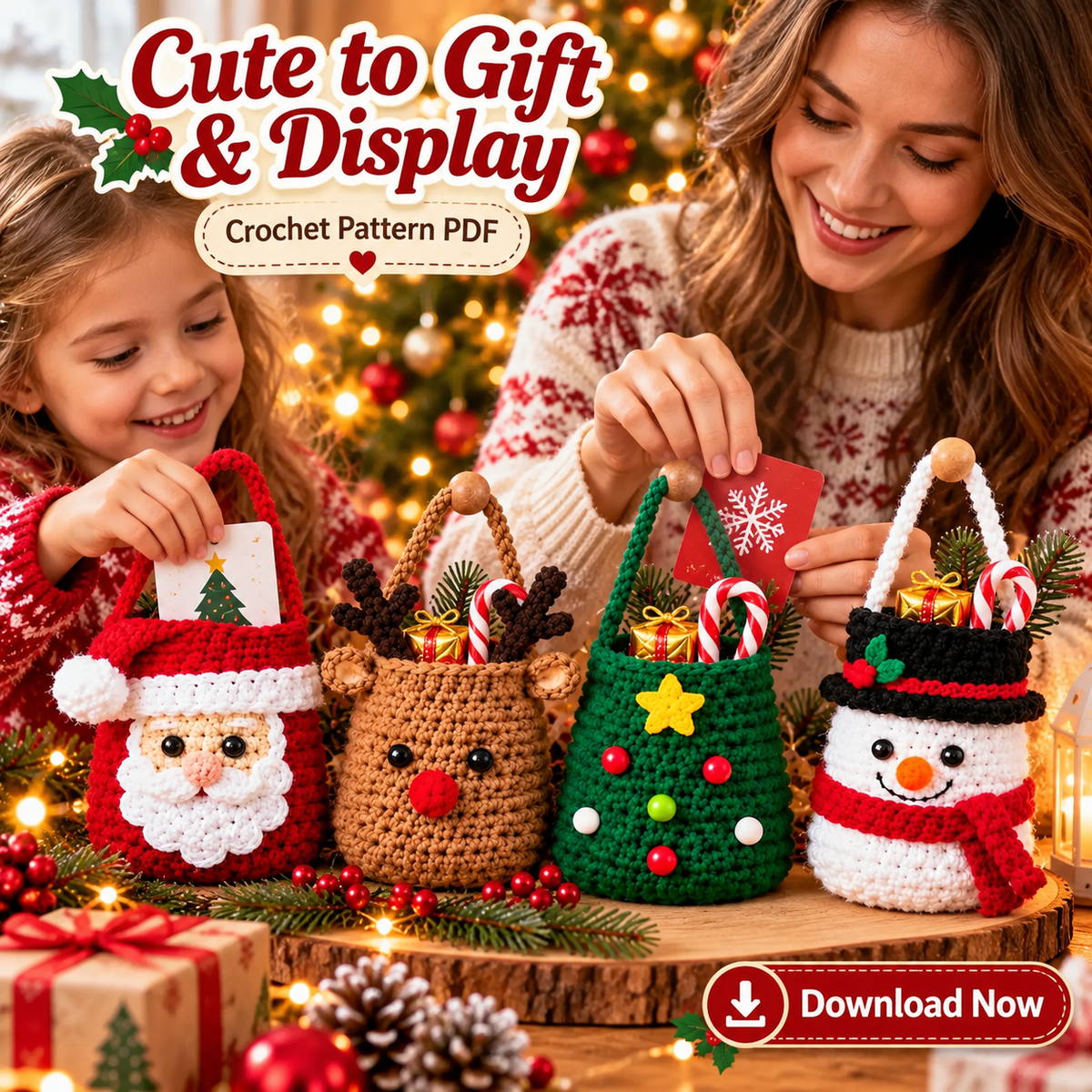 4-in-1 Christmas Crochet Treat Bag Pattern PDF | Santa Reindeer Tree Snowman Candy Bags