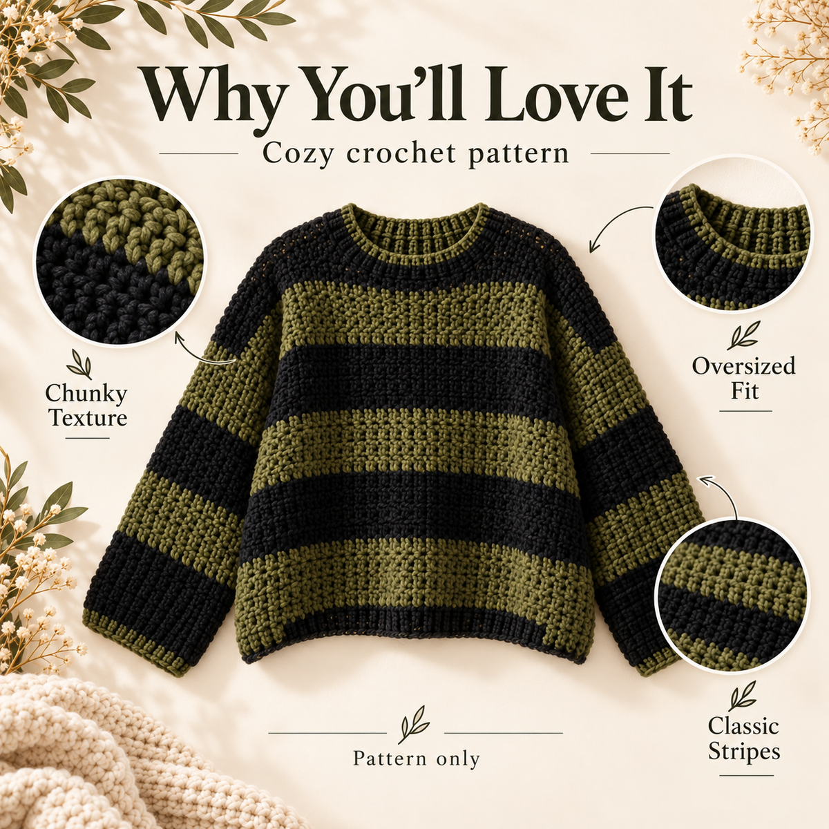 Striped Crochet Sweater Pattern PDF | Oversized Pullover Crochet Pattern | Cozy Women’s Sweater | Beginner Friendly Digital Download