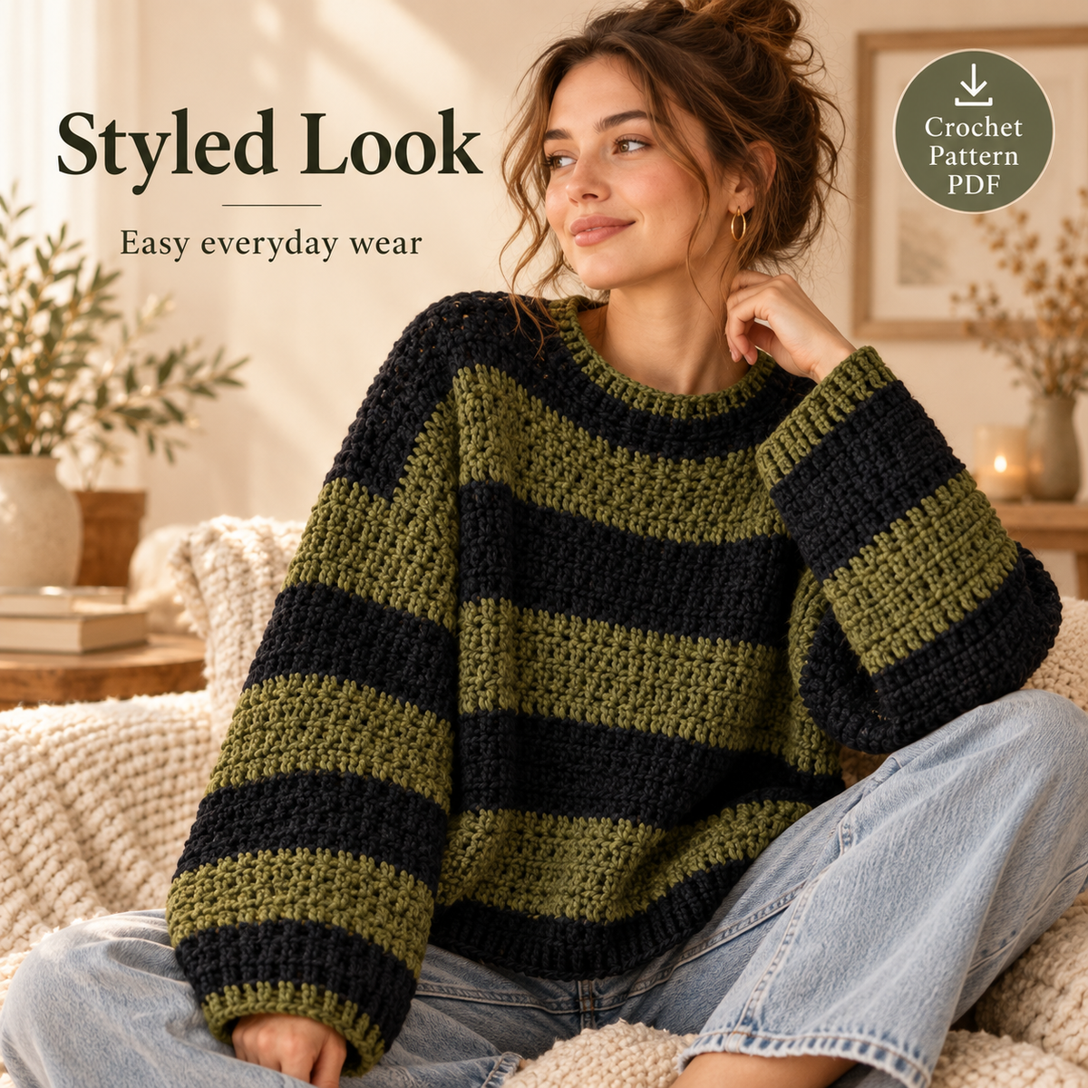 Striped Crochet Sweater Pattern PDF | Oversized Pullover Crochet Pattern | Cozy Women’s Sweater | Beginner Friendly Digital Download