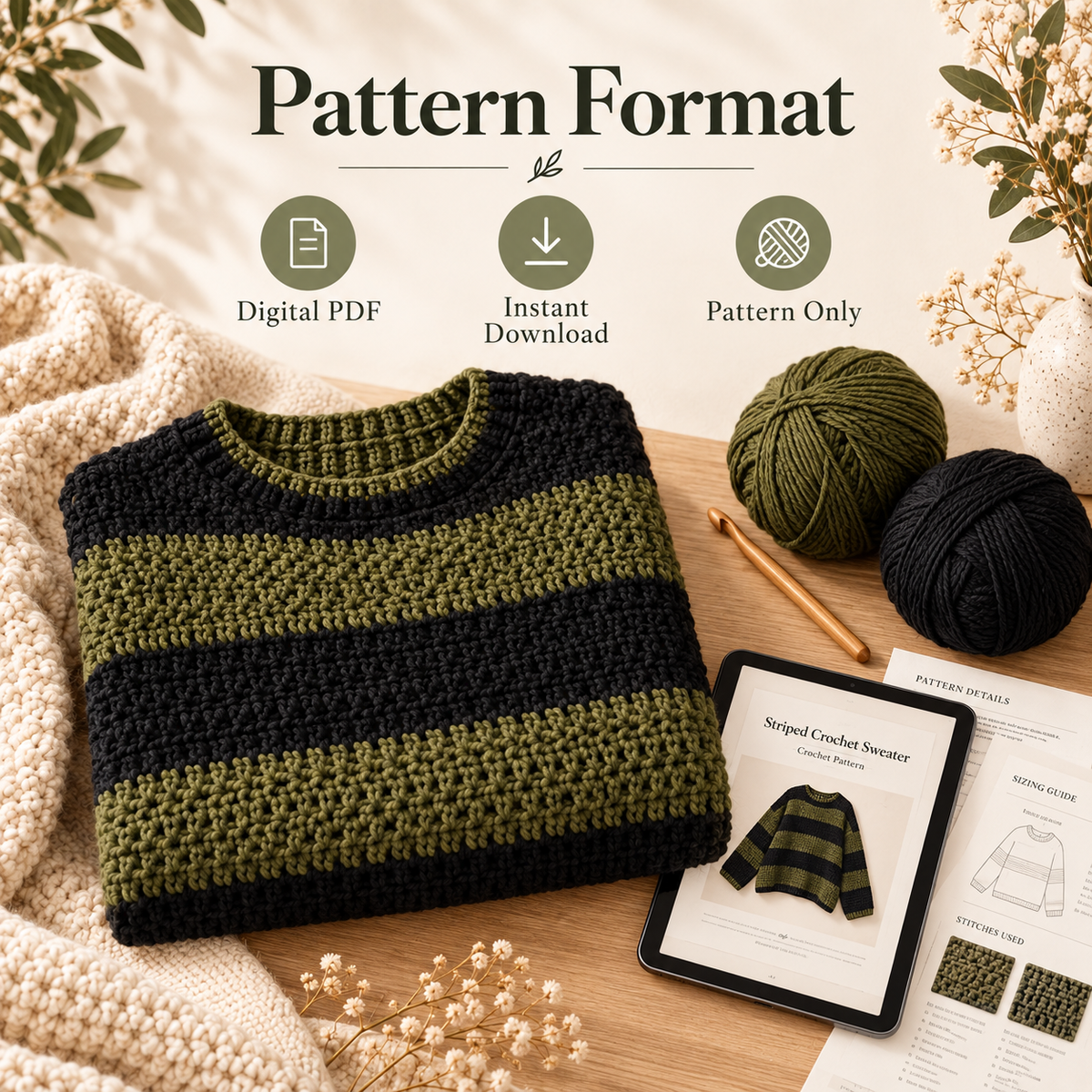 Striped Crochet Sweater Pattern PDF | Oversized Pullover Crochet Pattern | Cozy Women’s Sweater | Beginner Friendly Digital Download