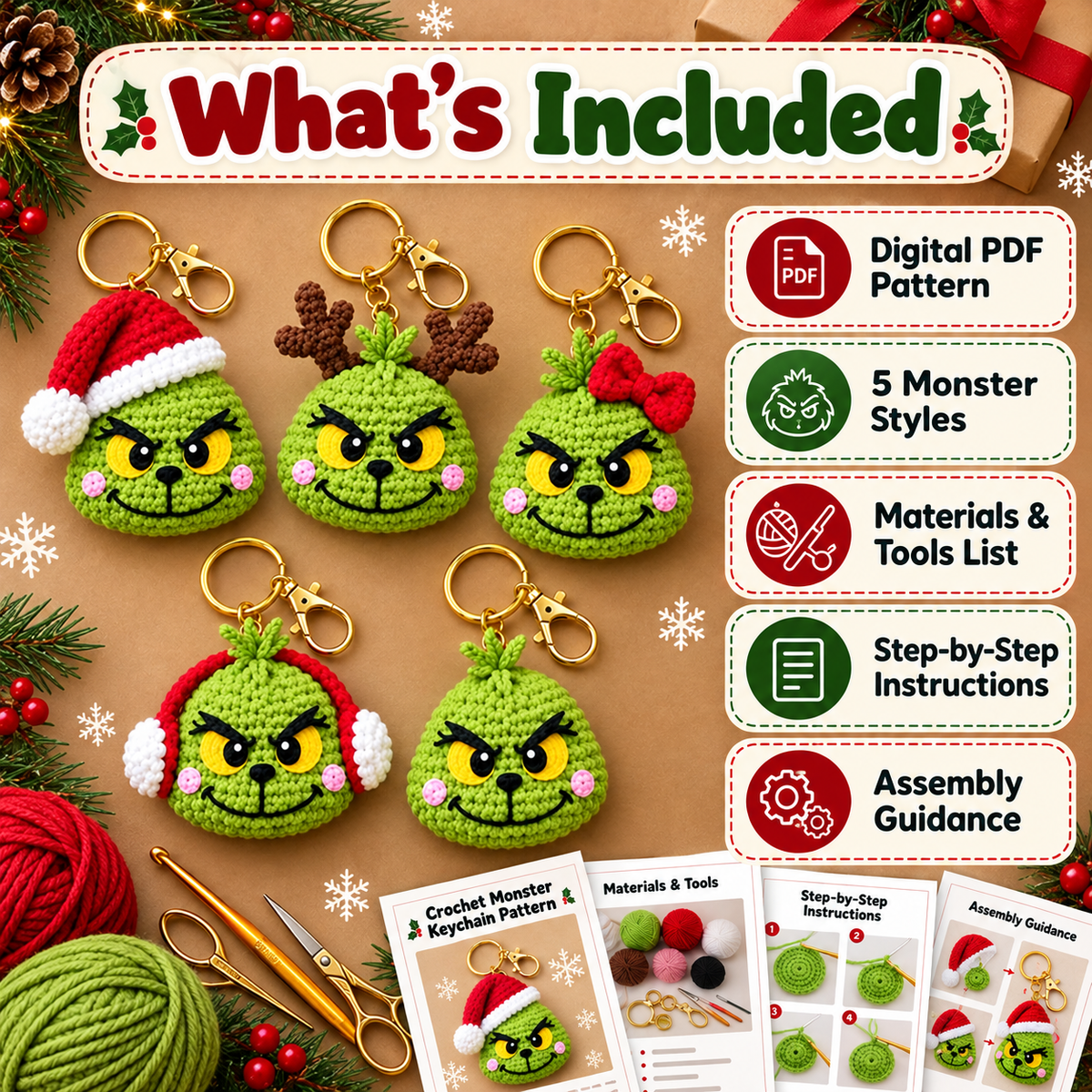 5-in-1 Holiday Monster Keychain Crochet Pattern PDF | Christmas Amigurumi Keychain Bundle