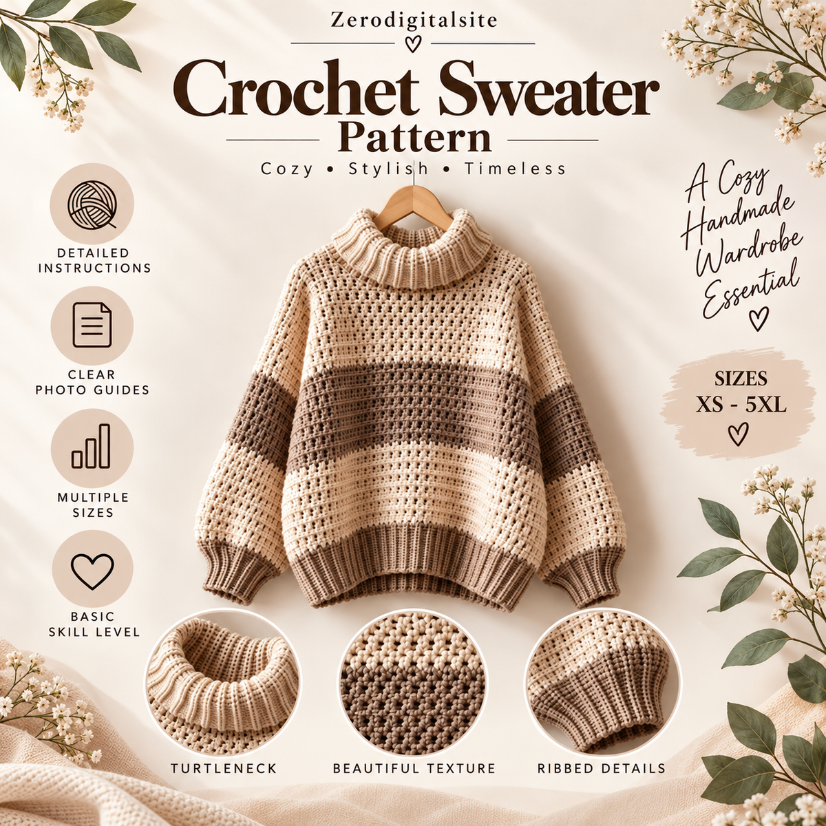 Crochet Turtleneck Sweater Pattern PDF | Cozy Striped Pullover | Women’s Sweater XS–5XL | Beginner Friendly Digital Download