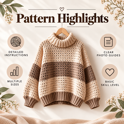 Crochet Turtleneck Sweater Pattern PDF | Cozy Striped Pullover | Women’s Sweater XS–5XL | Beginner Friendly Digital Download