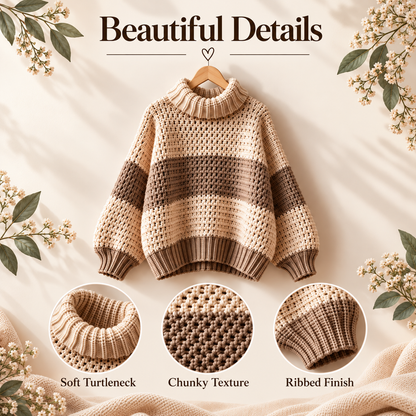Crochet Turtleneck Sweater Pattern PDF | Cozy Striped Pullover | Women’s Sweater XS–5XL | Beginner Friendly Digital Download
