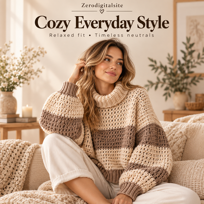 Crochet Turtleneck Sweater Pattern PDF | Cozy Striped Pullover | Women’s Sweater XS–5XL | Beginner Friendly Digital Download