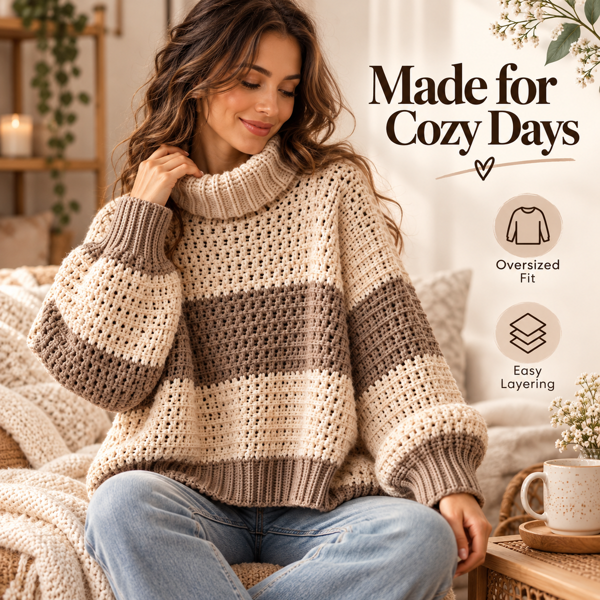 Crochet Turtleneck Sweater Pattern PDF | Cozy Striped Pullover | Women’s Sweater XS–5XL | Beginner Friendly Digital Download
