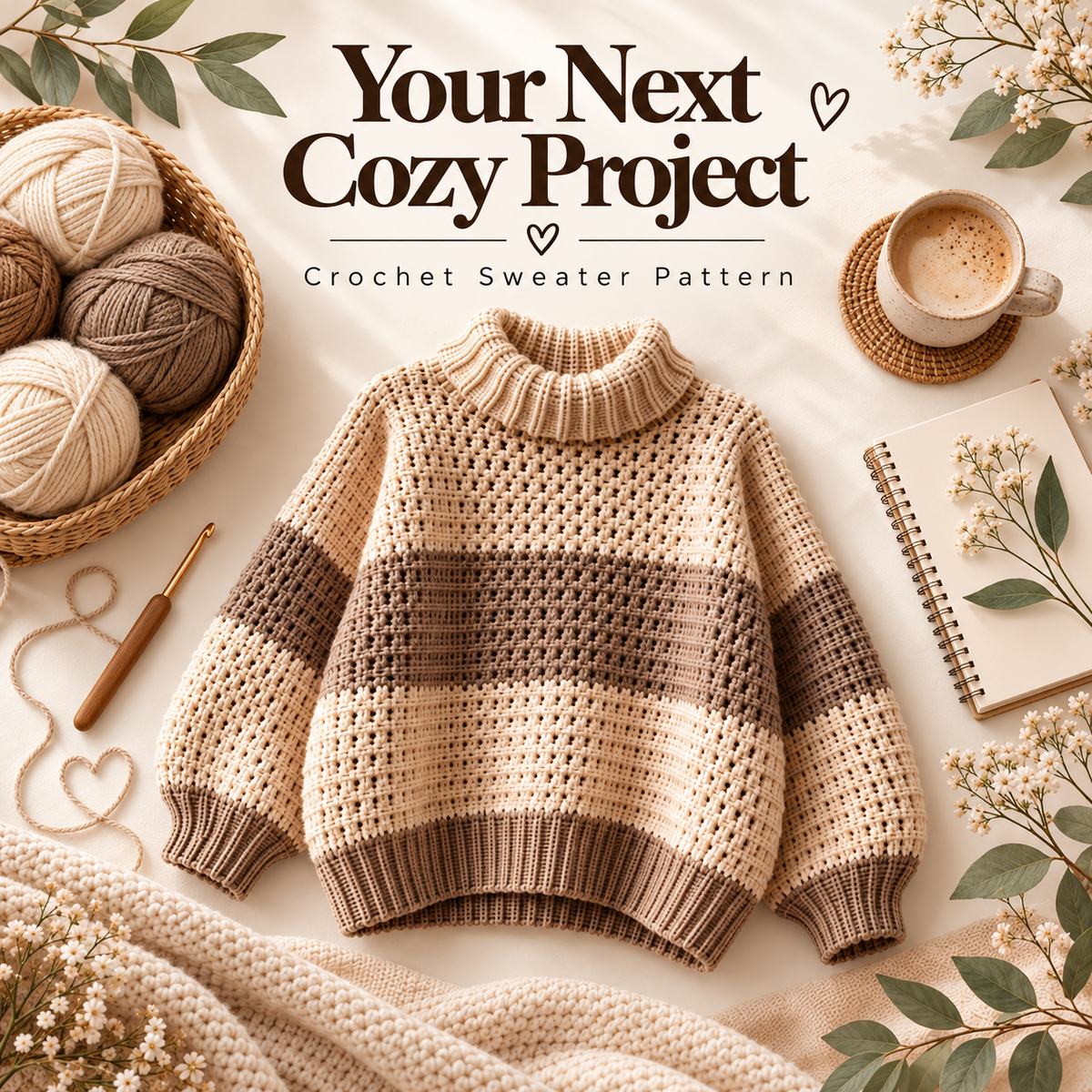 Crochet Turtleneck Sweater Pattern PDF | Cozy Striped Pullover | Women’s Sweater XS–5XL | Beginner Friendly Digital Download