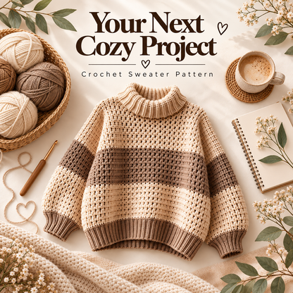 Crochet Turtleneck Sweater Pattern PDF | Cozy Striped Pullover | Women’s Sweater XS–5XL | Beginner Friendly Digital Download