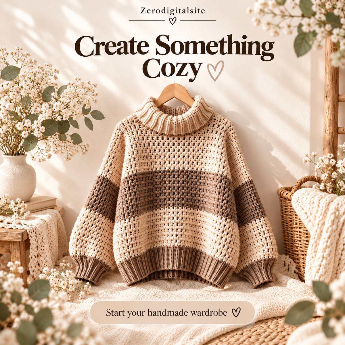 Crochet Turtleneck Sweater Pattern PDF | Cozy Striped Pullover | Women’s Sweater XS–5XL | Beginner Friendly Digital Download