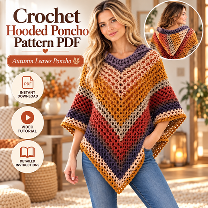 Crochet Hooded Poncho Pattern PDF | Autumn Leaves Poncho | Women’s Crochet Cape with Hood | Video Tutorial Digital Download
