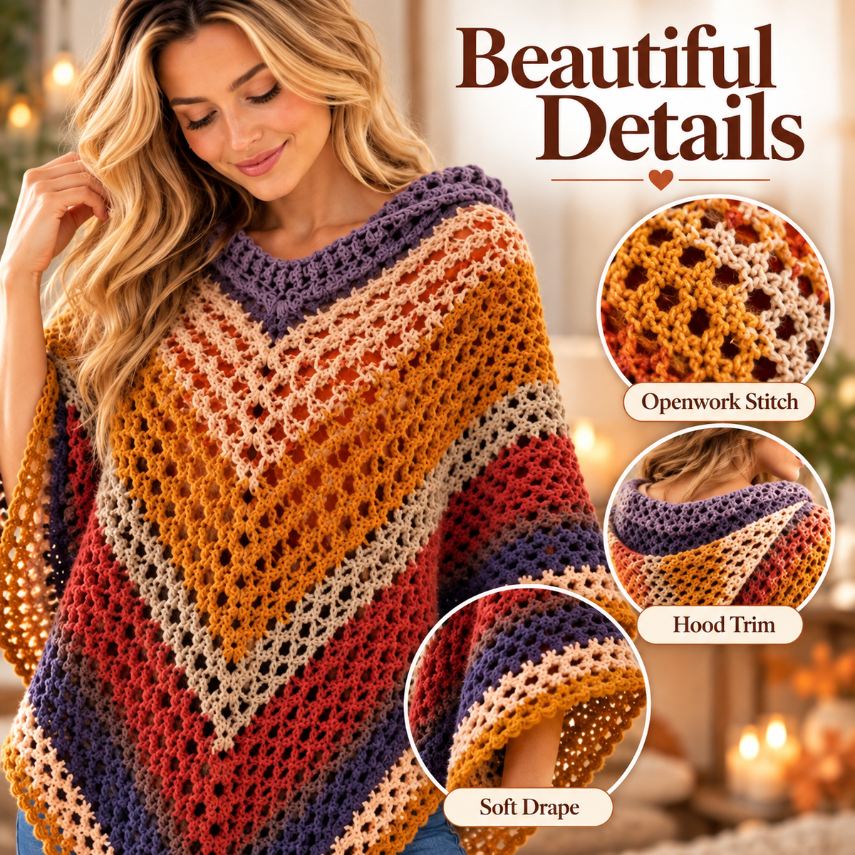 Crochet Hooded Poncho Pattern PDF | Autumn Leaves Poncho | Women’s Crochet Cape with Hood | Video Tutorial Digital Download