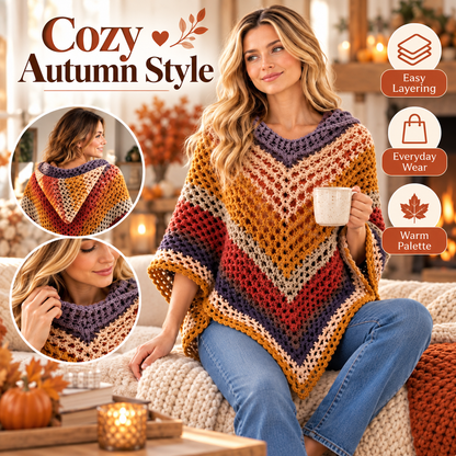 Crochet Hooded Poncho Pattern PDF | Autumn Leaves Poncho | Women’s Crochet Cape with Hood | Video Tutorial Digital Download