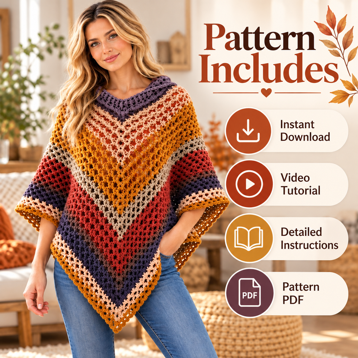 Crochet Hooded Poncho Pattern PDF | Autumn Leaves Poncho | Women’s Crochet Cape with Hood | Video Tutorial Digital Download