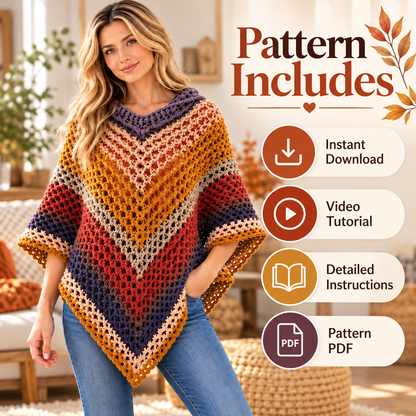 Crochet Hooded Poncho Pattern PDF | Autumn Leaves Poncho | Women’s Crochet Cape with Hood | Video Tutorial Digital Download