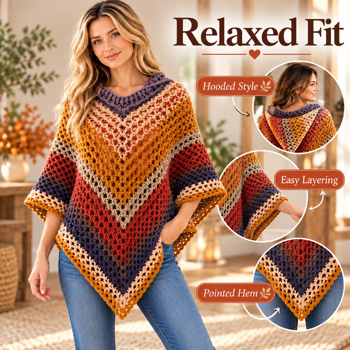 Crochet Hooded Poncho Pattern PDF | Autumn Leaves Poncho | Women’s Crochet Cape with Hood | Video Tutorial Digital Download