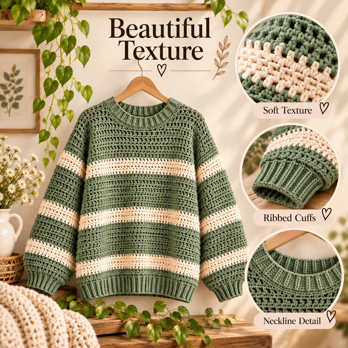 Oversized Crochet Sweater Pattern PDF | Sage & Cream Striped Pullover | Balloon Sleeve Women’s Sweater | Cozy Digital Download
