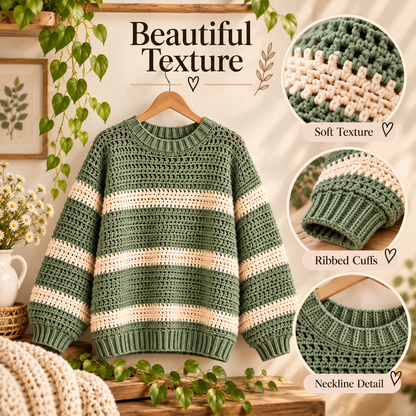 Oversized Crochet Sweater Pattern PDF | Sage & Cream Striped Pullover | Balloon Sleeve Women’s Sweater | Cozy Digital Download